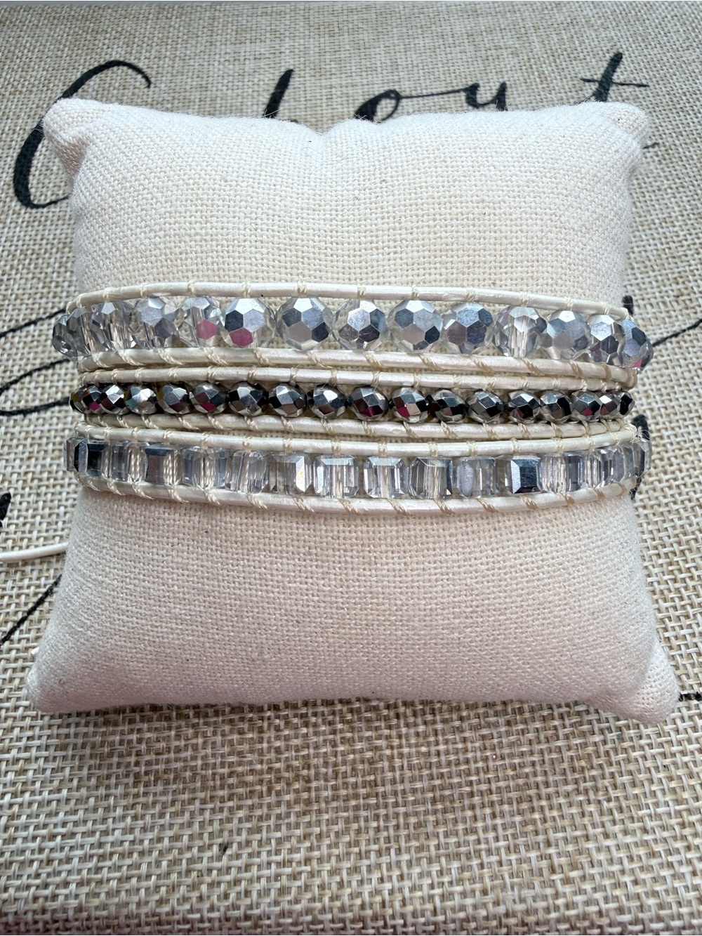 Victoria Emerson Silver Crystal Multi-Row Wrap Bracelet Pearlized Leather Fancy